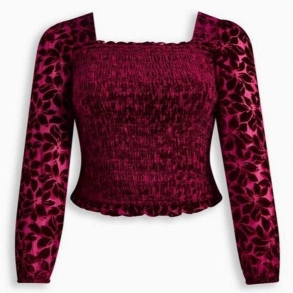 Torrid Velvet Burnout Smocked Blouse Long Sleeve Fushia Party Date (Size 3X)
